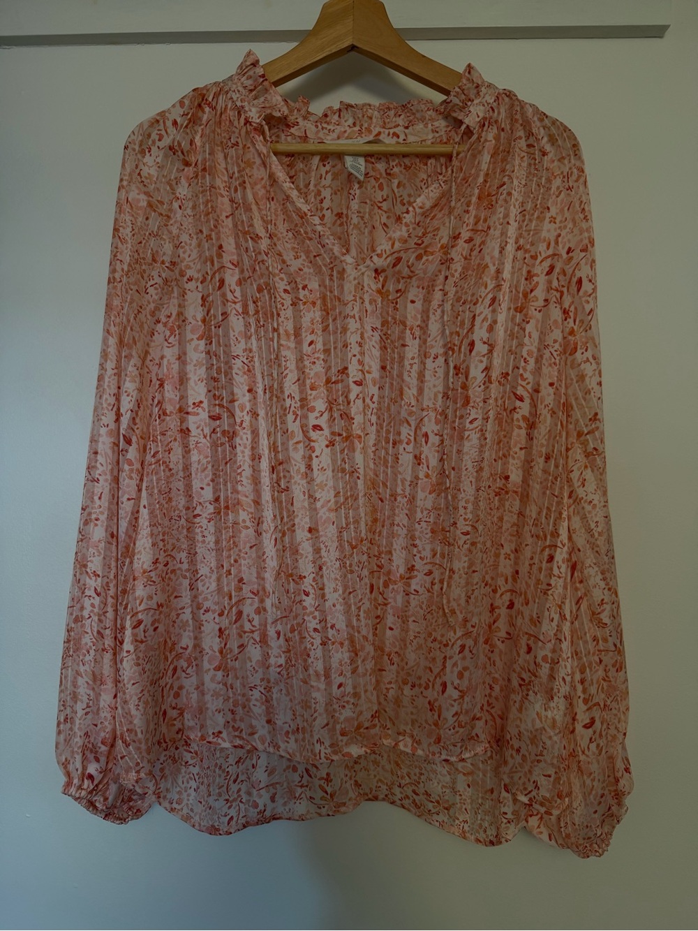 Light Pink Floral Frilly Long-Sleeve Women's Blouse
